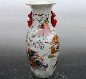 Kinesisk gammal färgad ritning crackle glasyr porslin ornament binaural vas