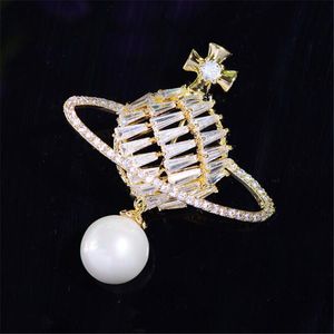 Zircon Rhinestone Earth Planet Hang Pearl Brooch Crystal Enamel Pins and Brooches for Women Lapel Pin Men Suit Jewelry