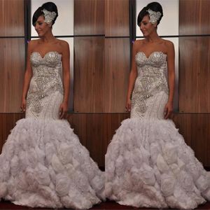 2021 Stunning Strapless Sleeveless Crystal Beading Wedding Dresses Mermaid Ruffles Zipper Back Vintage African Bridal Gowns