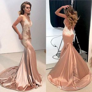 Wholesale backless silk prom dresses for sale - Group buy 2020 Elegant Spaghetti Straps Prom Dresses Backless Appliques Elastic Silk Like Satin Mermaid Formal Occasion Sexy Evening Dresses