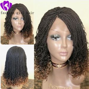 Mode 180densitet Kort Box Flätor Curly Wig Syntetisk Lace Front Wig Ombre Braiding Hair Short Twist Lace Wig för kvinnor