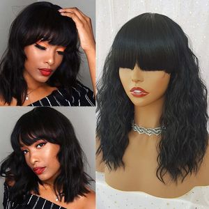 16 inch Loose Curly Wavy Synthetic Wig for Fashion Women Heat Resistant Fiber No Lace Front Wig Full Bangs Natural Hair Wigs