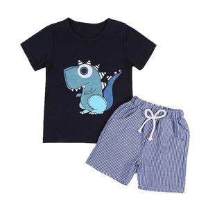 Nuovo design Neonati maschi Abbigliamento Set Abiti per bambini Estate Cartone animato Dinosauro T-shirt + Pantaloni a righe 2 pezzi / set Abiti per bambini