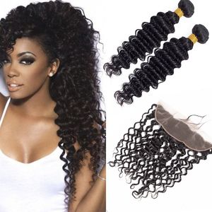 Indian Virgin Hair Extensions 2 Bundles With 13X4 Lace Frontal Baby Hair Pre Plucked Deep Wave Curly Hair Products Wefts With 13X4 Closure