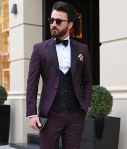 Burgundy Groom Tuxedos Black Peak Lapel Groomsman Wedding 3 Piece Suit Fashion Men Business Prom Jacka Blazer (Jacka + Byxor + Tie + Vest) 2468