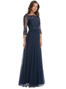 Modest Dark blue Short Tulle A-Line 3/4 Sleeve Sheer Lace Mother Of The Bride Dresses Knee-Length Wedding Bridesmaid Prom Dresses