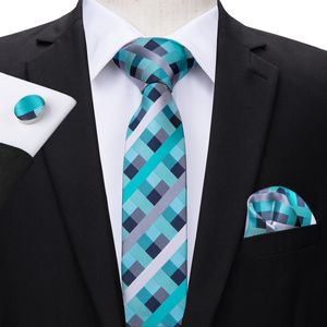 Hi-Tie Fashion Slim Skinny Narrow Tie blue Stripes Jacquard Woven Neckties Tie Hanky Cufflinks Set For Men Wedding Party Groom Casual Tie N