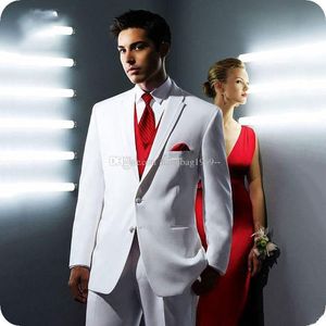 Yeni Tasarım İki Düğmeler Beyaz Damat smokin Notch Yaka Groomsmen Mens Suits Düğün / Gelinlik / Akşam Blazer (Ceket + Pantolon + Vest + Tie) K209