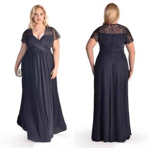 Cheap Chiffon Plus Size Formal Dresses Short Sleeve Lace Applique V Neck Evening Gowns Floor Length Special Occasion Dress SD3395