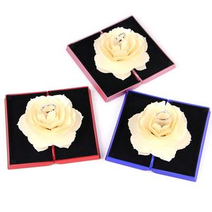 3D Róża Kwiat Pierścionek Uchwyt Unikalny Romantyczny Wedding Rings Rings Case Niespodzianka Biżuteria Pudełka Różowy Czerwony Niebieski
