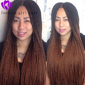 Ombre Brown Syntetisk Lace Front Wig Long 2x Twist Braids Paryk för kvinnor Två ton Brun Cosplay Wig Gratis Del