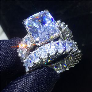 Vecalon Vintage Ring Sets 925 Sterling Silver Princess Cut Diamond Engagement Bröllop Band Ringar För Kvinnor Män Smycken