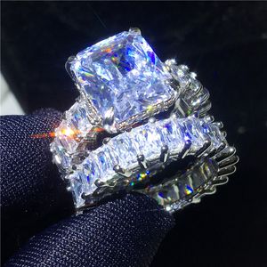 Vecalon Vintage Ring Sets 925 Sterling Silver Princess Cut Diamond Engagement Wedding Band Pierścienie dla kobiet Mężczyźni Biżuteria