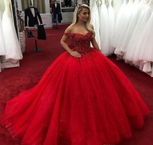 Cheap Red Quinceanera Dress Off Shoulder Beads Formal Princess Sweet 16 Ages Girls Prom Party Pageant Gown Plus Size Custom Made