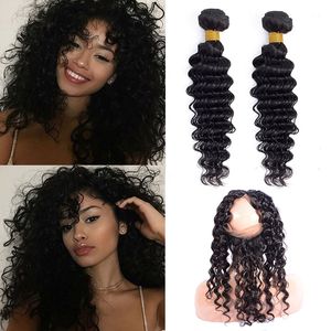 Peruvian Human Hair Extensions 360 Lace Frontal With 2 Bundles Deep Wave Virgin Hair Wefts With Closure 360 Frontal Pre Plucked Deep Curly