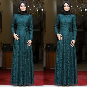Wiosna 2020 Muzułmańskie Koronki Suknie Wieczorowe Z Długim Rękawami Klejnot Neck linia Pełna długość Atrament Niebieskie Arabskie Suknie Wieczorowe Suknie Z Hijabem