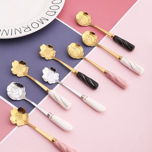 Tableware Coffee Stirring Spoon Ceramic Handle Flower Scoop Stainless Steel Gold Plated Cherry Rose Spoons WB1937