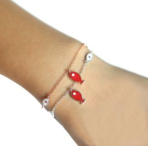 Wholesale- sterling silver fish charm bracelet with tiny link chain with red white enamel charm pendant bracelet for women gift