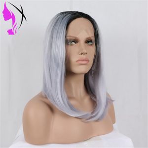 Ombre Sliver Cinzento Brazilan Straight Glueless Bob Curta 13x4 Lace Front Synthetic Wigs Prejogado para Mulher Negra Peruca De Partido Cosplay