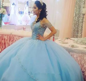 Nova Chegada Longa Luz Céu Azul Quinceanera Vestido 2019 Princesa Tule Beads Doce 15 Meninas Prom Party Pageant Vestido Plus Size Custom Made