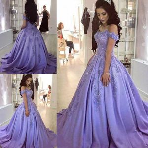 Dark Lavender Prom Dresses Lace Appliques Off She Shoulder Satin Evening Gowns Zipper Back Sweep Train Women Formal Wear Vestidos