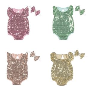 Baby Girls Sequins Romper Fly Sleeve + Bow Headband Set Infant Jumpsuit Summer Clothes Newborn Bodysuit Kids Clothing