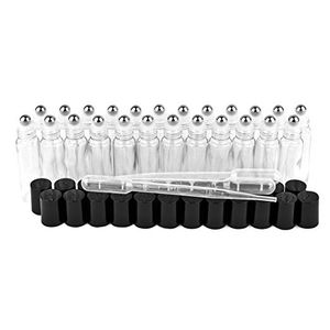 0.33oz / 10ml Empty Refillable Glass Roll On Bottles with Black Cap Perfect for Aromatherapy Perfumes Essential Oils W/ Transfer Pipettes