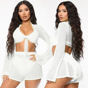 Sexy Bikini 4 Pieces Set 2020 New Long Sleeve Swimwear Women Print Swimsuit Female Push Up High Waist White Bathing Suit Biquini