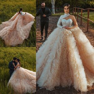 Vintage Sequines Ball Gown Wedding Dresses Luxury Tiered Ruffles High Collar Long Sleeve Bridal Gowns Backless Garden Wedding Dres241k