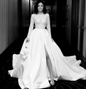 Fabulous Side Split Lace Wedding Dresses Bateau Neck Long Sleeves Bridal Gowns A Line Satin Chapel Train Vestido De Novia 407