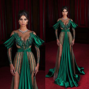 Illusion arabisk grön prom klänning ren nacke långärmad beading applikationer kväll klänningar sexig ruffles fest slitage