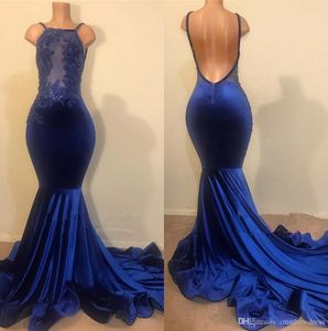 Seksowna Royal Blue Halter Mermaid Prom Dresses Velvet Lace Aplikacja Backless Zroszony Cekiny Formalne Party Suknie Wieczorowe Robe de Mariee Skromne