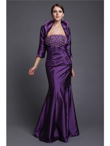 Classy Purple Taffeta mother of bride dresses With Jacket Sexy Strapless Beaded Plus Size Groom Mother Dress 3/4 Sleeves Mermaid Gowns Cheap