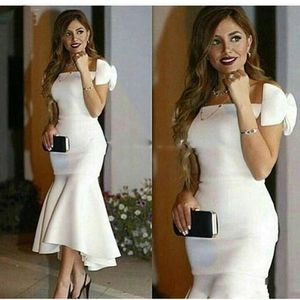 New Sexy Cheap Cocktail Dresses Mermaid Off Shoulder With Bow Satin Tea Length Ruffles Plus Size Celebrity Prom Party Homecoming Gowns