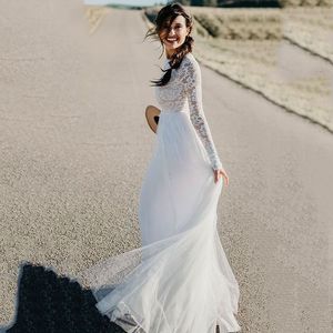 Vestido de noiva de praia 2020 modesto manga longa branco tule vestido de laço nupcial vestidos de casamento boêmio vestidos de novia trouwjurk