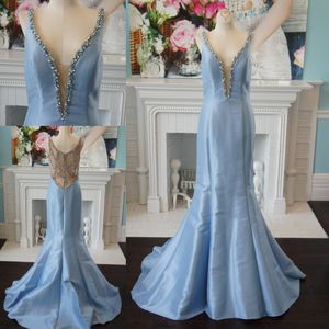 Rhinestones Prom Dress 2k19 Elegant Light Sky Blue Plunging Neck Mermaid Formal Event Wear Gowns Beading Back Sleeveless Long Order-to-Made