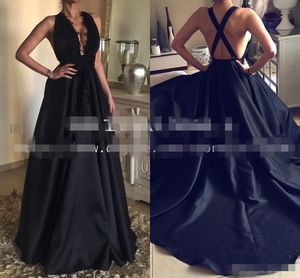 Prom Vestidos pretos sexy sem costas Cruzas cruzadas mergulhando v aplique de pescoço renda beade lantejas de cetim comprimento de piso longa noite vestido de noite