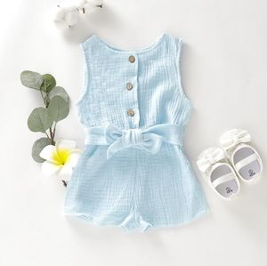 Baby rompers barn bowknot bälte jumpsuits spädbarn sommar knäppas solida onesies toddle boutique ärmlös bodysuit spädbarn klättra kostym yp309