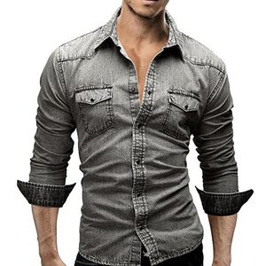 ingrosso Cowboy Shirts-Camicie casual da uomo Camicia in denim da uomo Jeans in cotone Moda Autunno Autunno Slim Manica Lunga Cowboy Elegante Wash Tops Asian Size XL