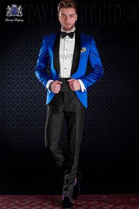Niebieski Satynowy Mężczyzna Ślub Tuxedos Czarny Szal Lapel Groomsmen Tuxedos Man Blazers Kurtka Doskonały 2-częściowy garnitur (kurtka + spodnie + krawat) 1475