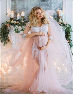 2020 Blush Pink Maternity A Line Wedding Dresses Tulle White Lace Applique Front Slit Sweep Train 3 4 Long Sleeves Pregnant Wedding Gown