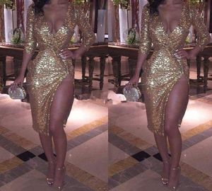 Deep V-Neck Sexy Gold Sequins Cocktail Dresses Knee Length Half Sleeves African Homecoming Gowns Party Gowns With Slit Celebrity Dress