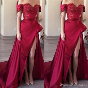 Sexy Off Shoulder Dark Red A Line Prom Dress High Side Split Sweetheart Koronki Aplikacje Koraliki Satin Formalna Suknia Wieczorowa Ogstuff