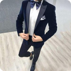 Hochwertiger Bräutigam-Smoking aus marineblauem Samt mit einem Knopf und spitzem Revers, zweiteiliger Blazer für Hochzeit/Abschlussball/Abendessen (Jacke + Hose + Krawatte) W699