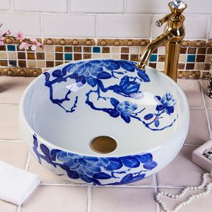 Blå och Vit Europa stil Kinesisk Jingdezhen Art Counter Top Keramisk handmålad keramisk handfat