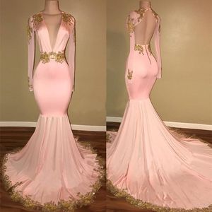Pink Gold Mermaid Prom Dresses Poginga V Neck Otwórz Powrót Wieczór Nosić Długie Rękawy Vestidos Party Suknie Custom Size