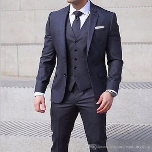 Fashionable Navy Blue Man Work Suit Slim Passar Groom Tuxedos Bröllop Prom Blazer Dinner Party Passits (Jacka + Byxor + Vest + Tie) J772