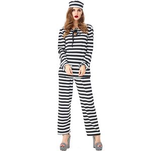 Classic Unisex Prisoner Cosplay Costume Black White Stripe Fancy 2 Pieces Set With Hat And Handcuff Halloween Convict Uniforms