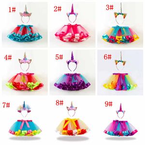 Baby girls rainbow color tutus skirts+unicorn headband 2pcs set babies lovely clothing set infant toddler holidays dress up