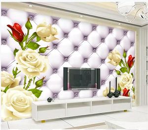 3d wall murals wallpaper White rose leather soft pack TV background wall